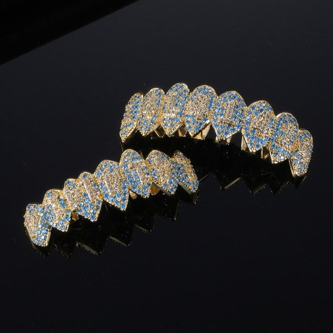 Yellow Gold 1414 Iced Out Fang Grillz - Different Drips