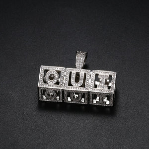 White Gold Square Hollow Block Letters Custom Pendant - Different Drips