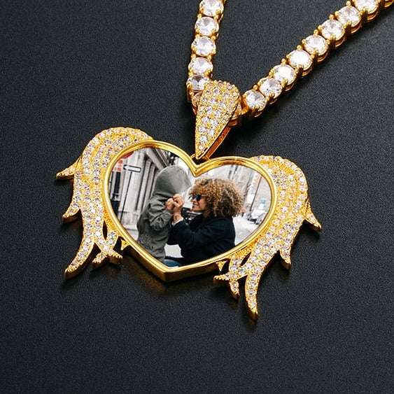 Custom Angle Winged Heart Photo Pendant - Different Drips