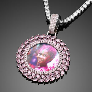 Pink Baguette Leaf Circle Custom Photo Pendant - Different Drips