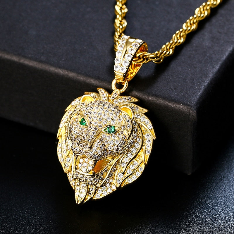 Iced Lion Head with Emerald Eyes Pendant - Different Drips