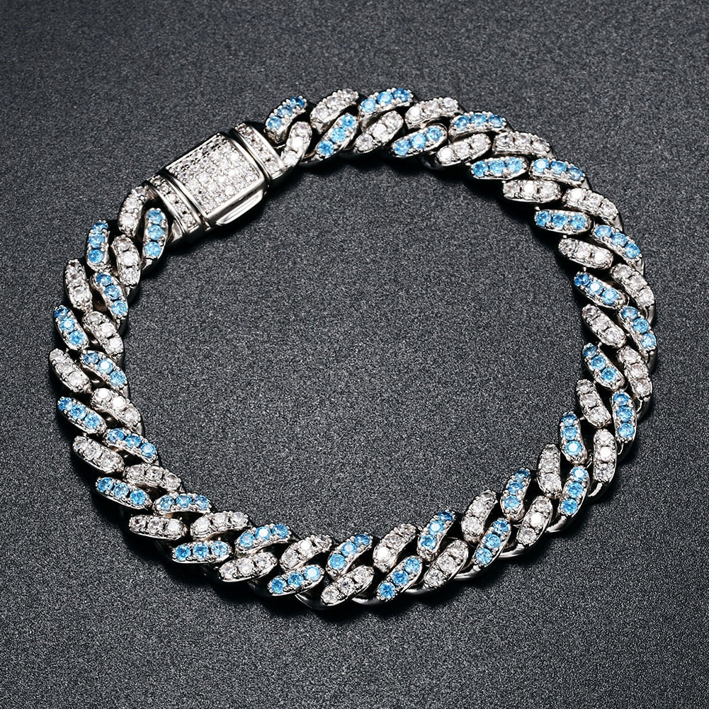 8mm Iced Blue & White Gold Cuban Bracelet - Different Drips