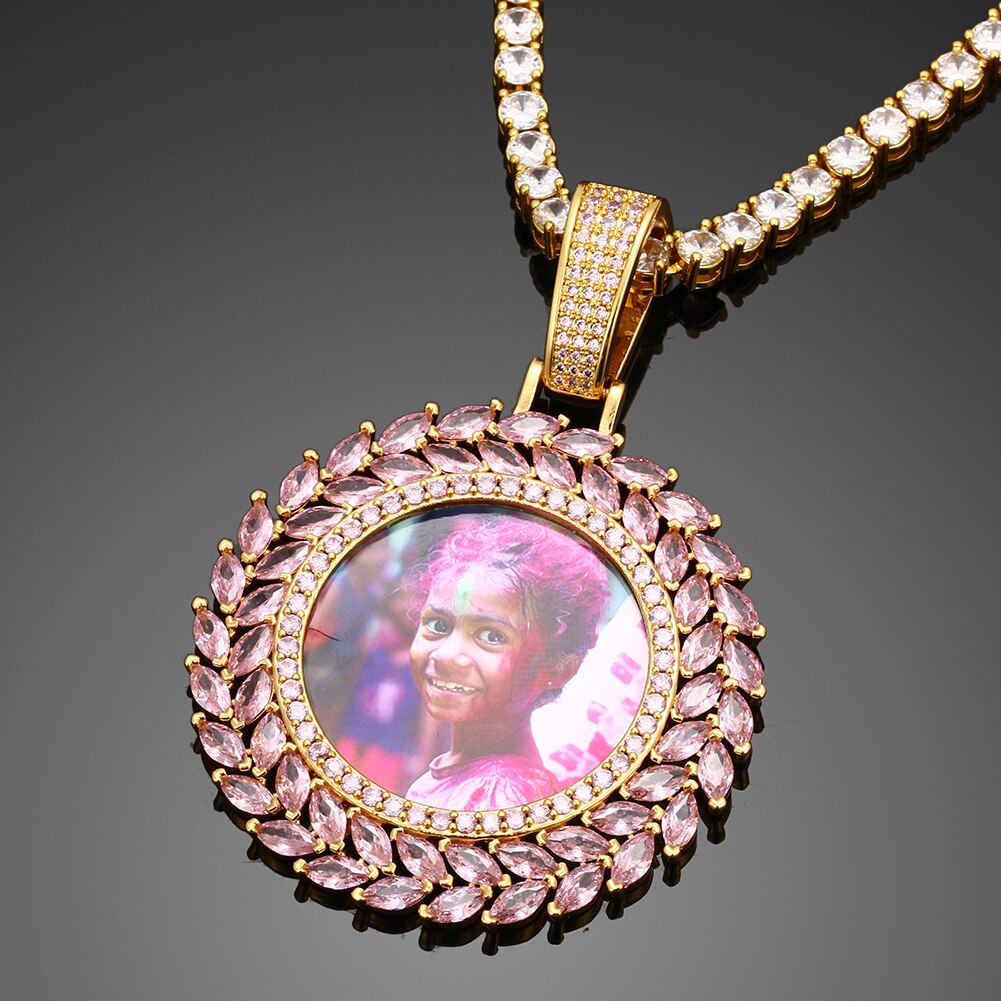 Pink Baguette Leaf Circle Custom Photo Pendant - Different Drips