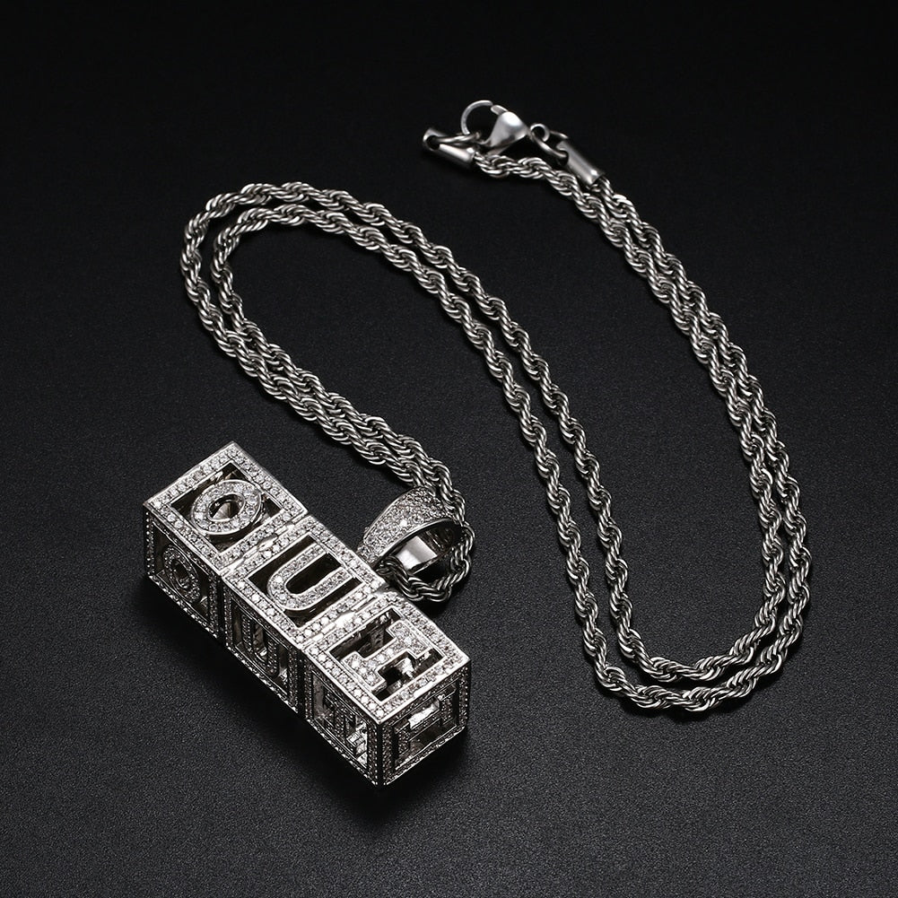 White Gold Square Hollow Block Letters Custom Pendant - Different Drips