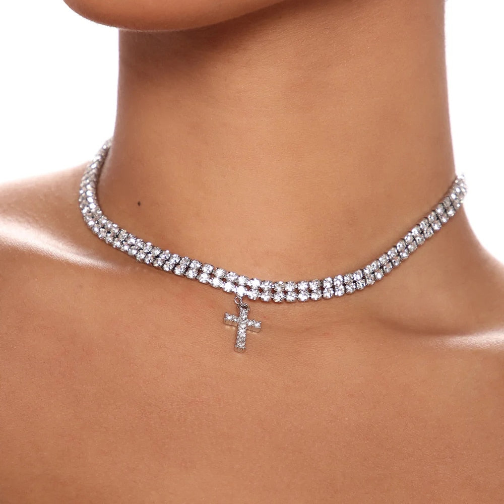 Women's Double Row Tennis Cross Necklace - Different Drips