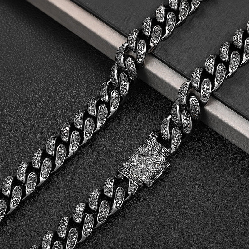 12mm VVS Black Moissanite & S925 Miami Cuban Link Chain - Different Drips