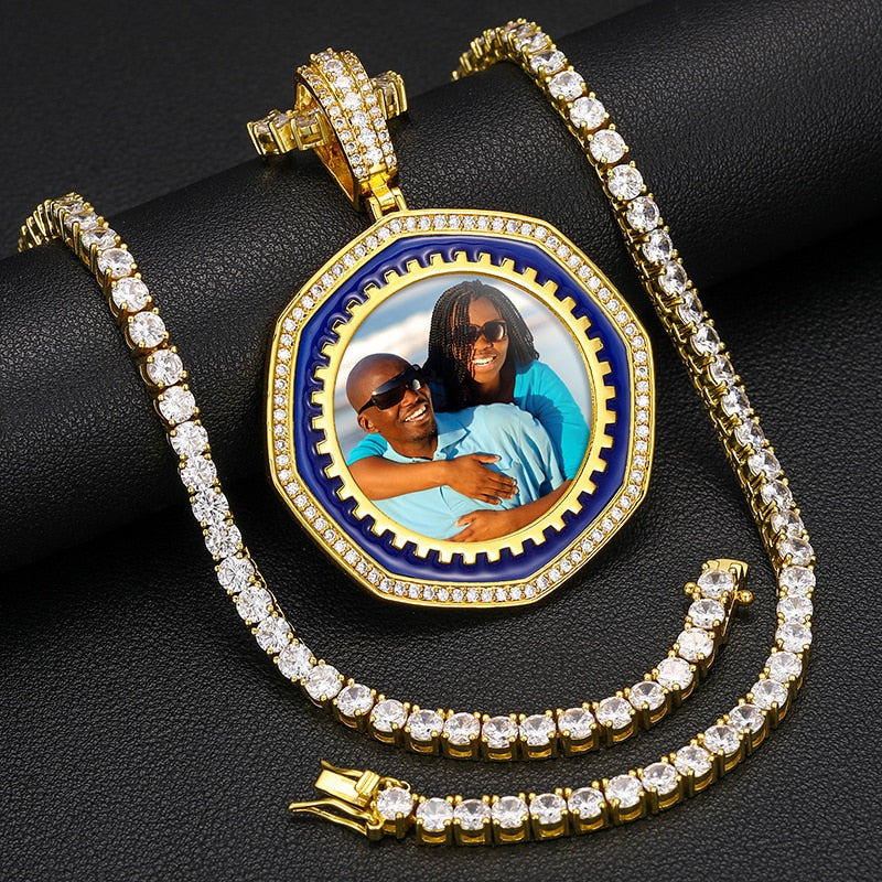 Custom Blue Enamel Round Photo Pendant - Different Drips