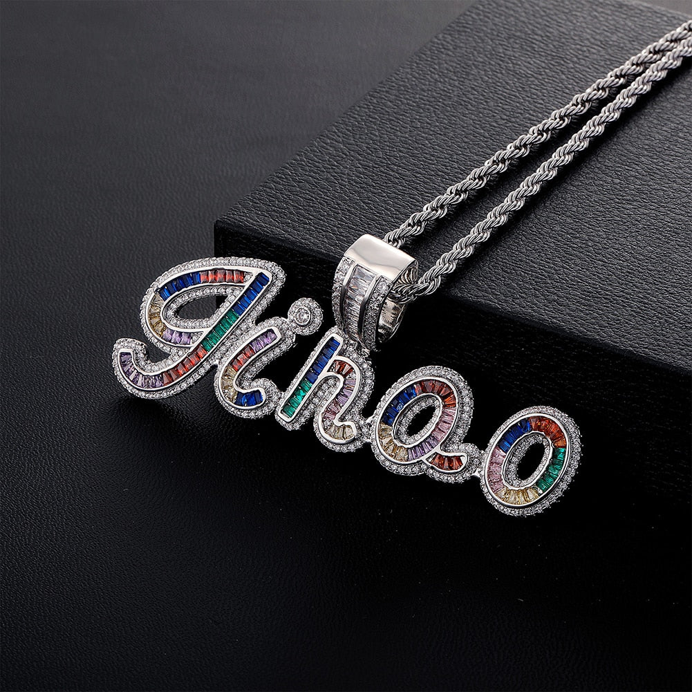 Multi Color Baguette Custom Letter Pendant in White Gold - Different Drips