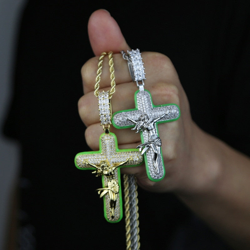 Glow In The Dark Jesus Cross Pendant - Different Drips