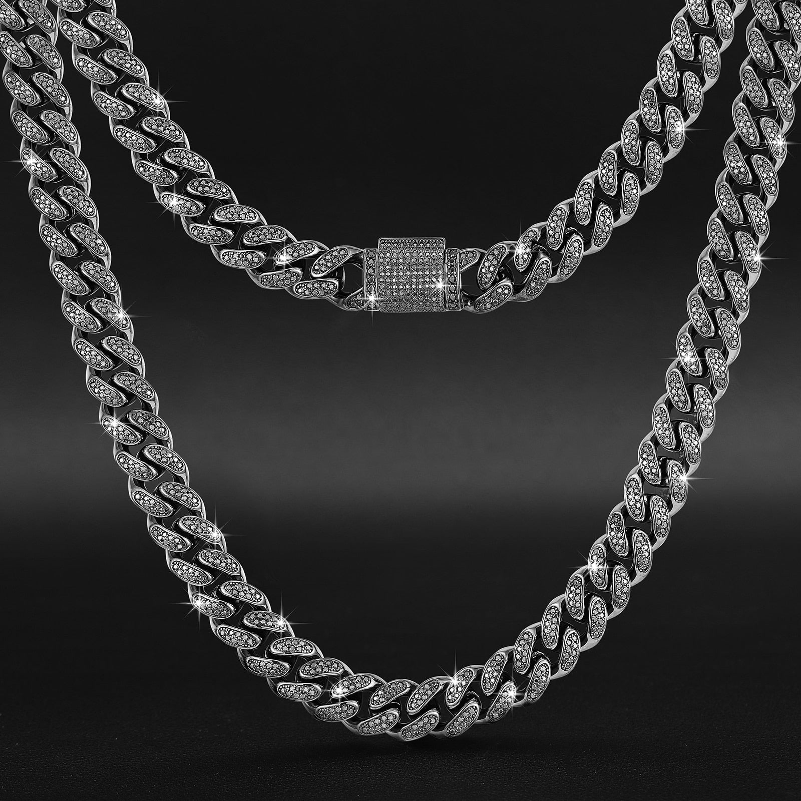 12mm VVS Black Moissanite & S925 Miami Cuban Link Chain - Different Drips