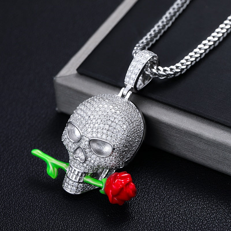 S925 Moissanite Glow In The Dark Rose Skull Pendant - Different Drips