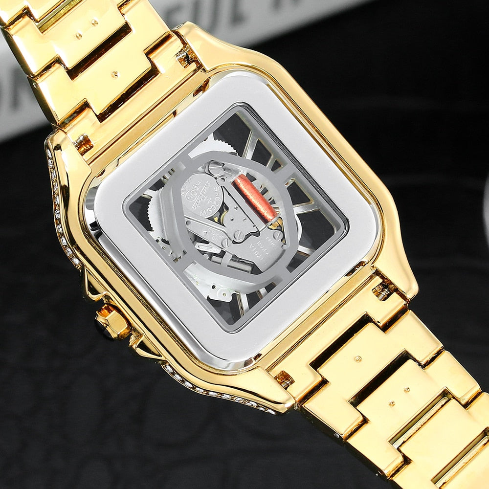 Iced Roman Numeral Square Skeleton Watch - Different Drips