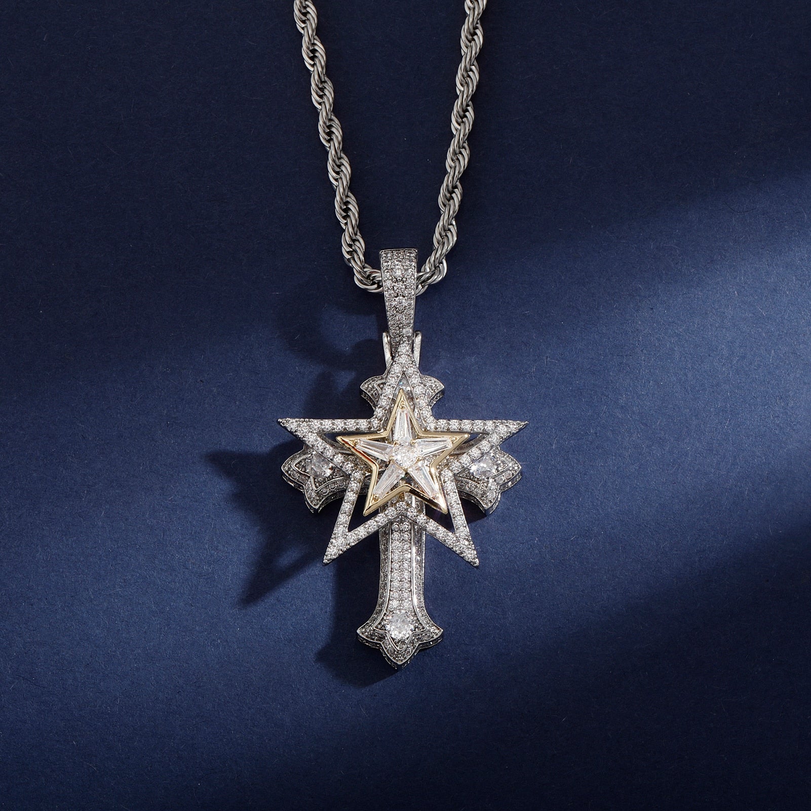 Iced Five Star Cross Pendant - Different Drips