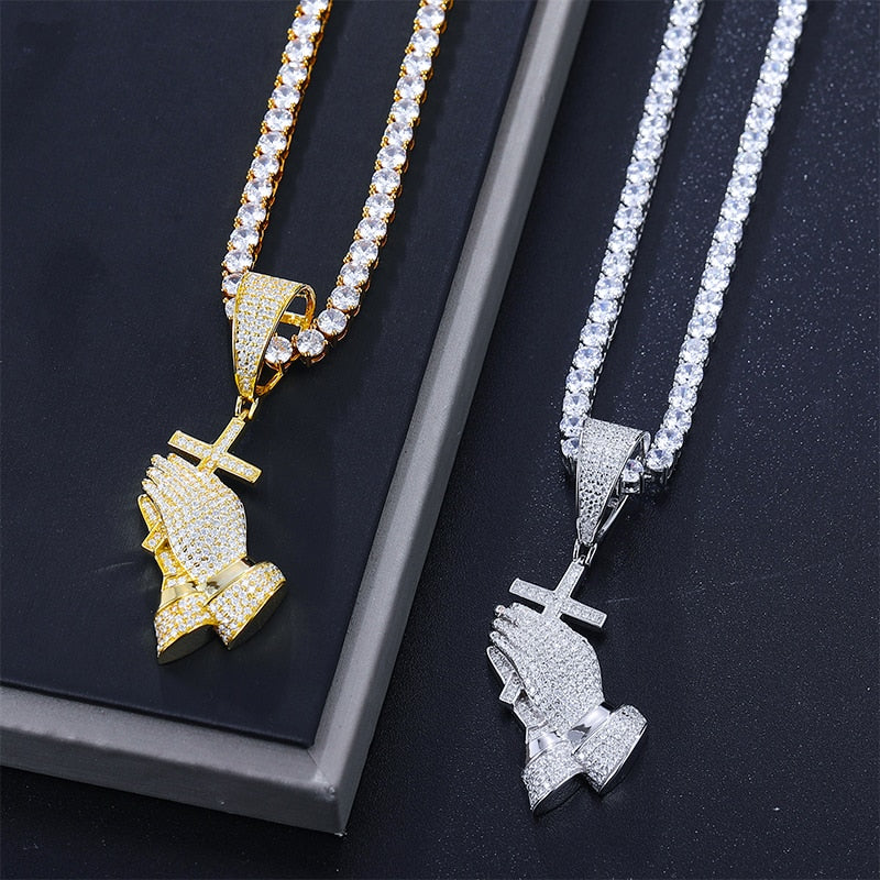 S925 Moissanite Cross Praying Hands Pendant - Different Drips