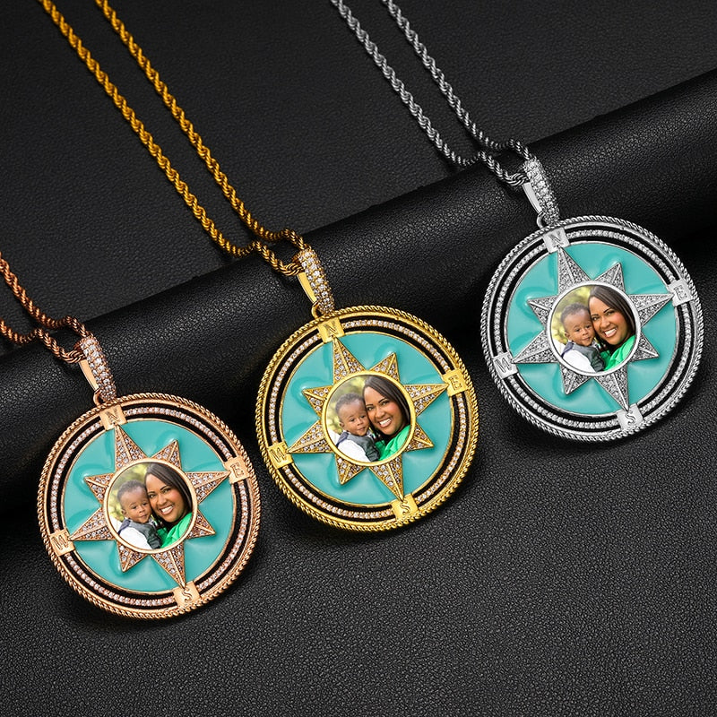 Custom Turquoise Enamel North Star Photo Pendant - Different Drips