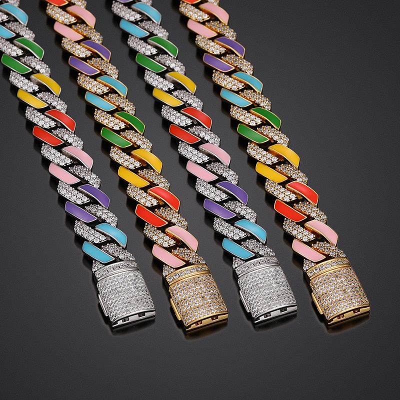 14mm Multi-Colored VVS Moissanite & S925 Cuban Prong Link Chain - Different Drips