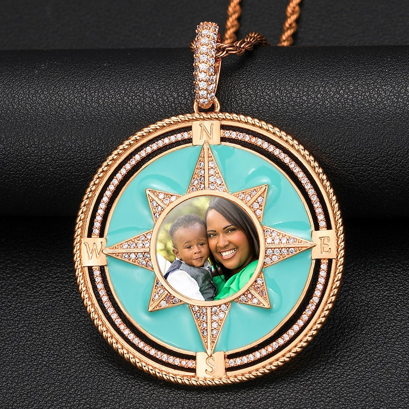Custom Turquoise Enamel North Star Photo Pendant - Different Drips