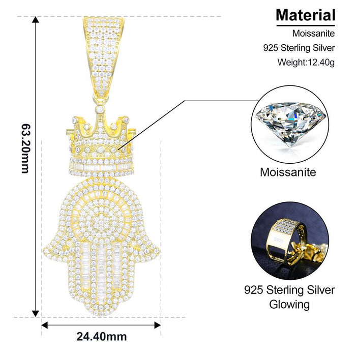 S925 Moissanite Crowned Baguette Hasma Hand Pendant - Different Drips