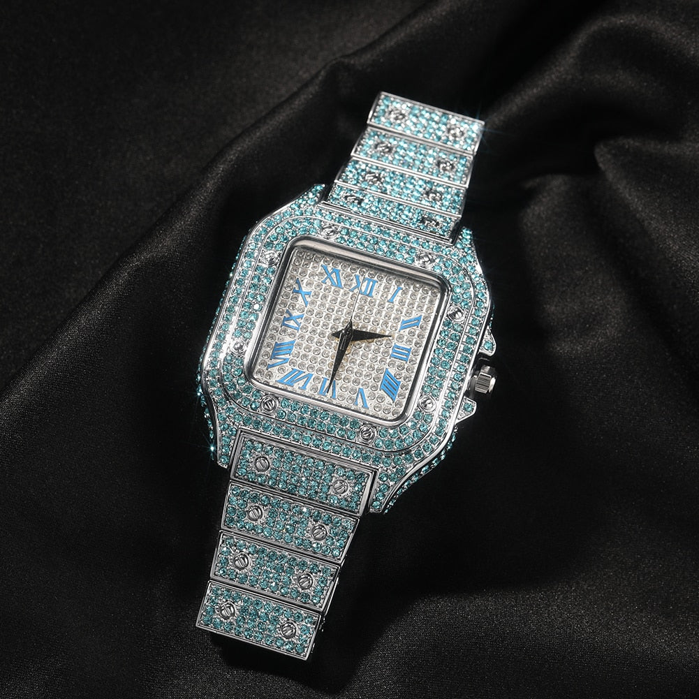 Iced Square Cut Roman Numeral Watch - Different Drips