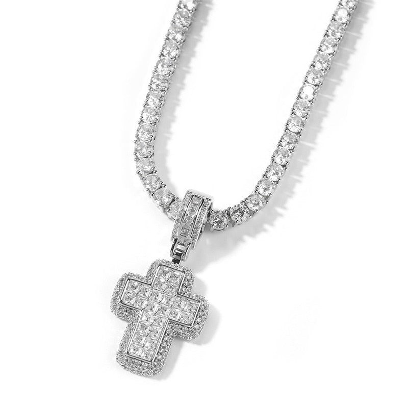 Center Stone Outlined Baguette Cross Pendant - Different Drips