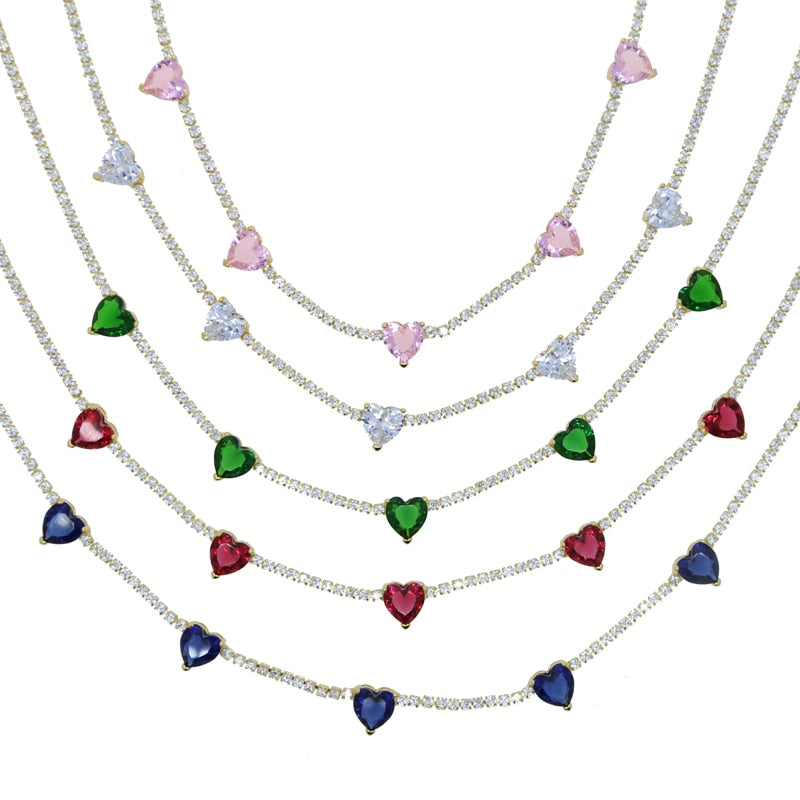 Women's 2mm Heart Stationed Tennis Necklace - Different Drips