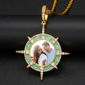 Custom Turquoise Enamel Compass Photo Pendant - Different Drips