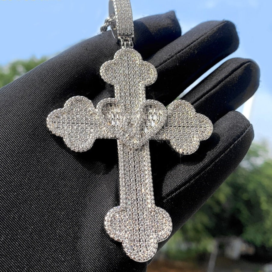 Iced Baguette Heart Cross Pendant - Different Drips