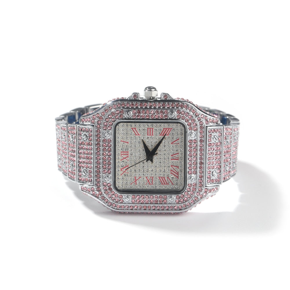 Iced Square Cut Roman Numeral Watch - Different Drips