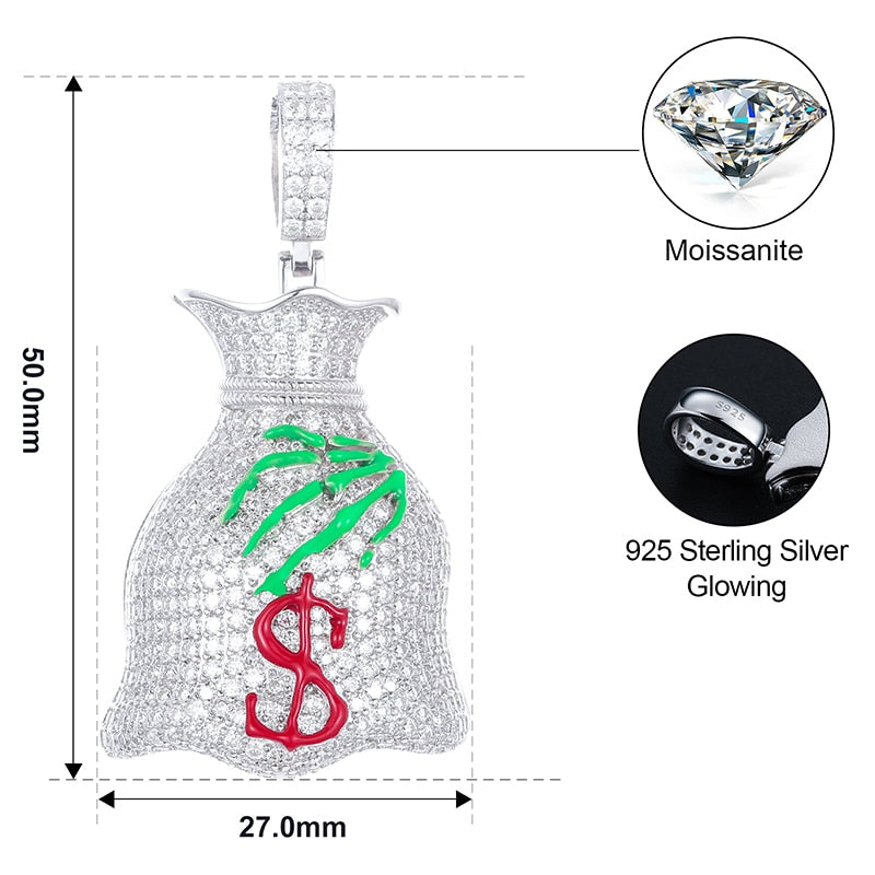 S925 Moissanite Glow In The Dark Skeleton Money Bag Pendant - Different Drips