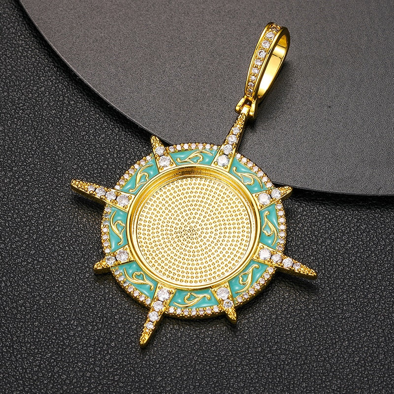 Custom Turquoise Enamel Compass Photo Pendant - Different Drips