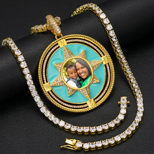 Custom Turquoise Enamel North Star Photo Pendant - Different Drips