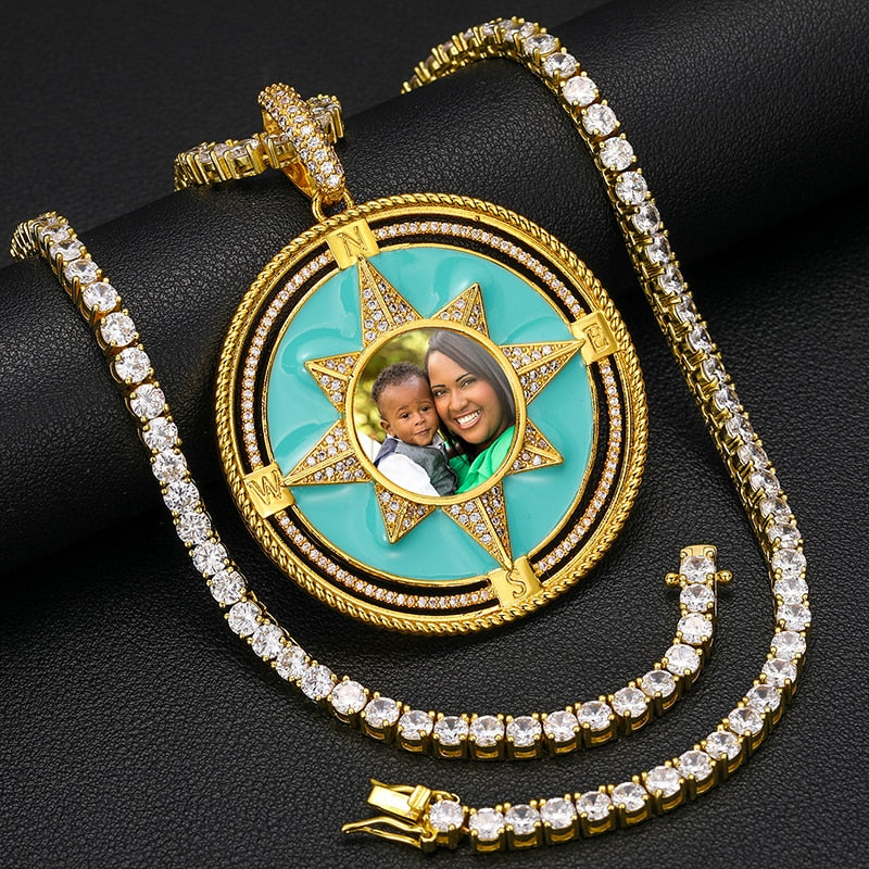 Custom Turquoise Enamel North Star Photo Pendant - Different Drips