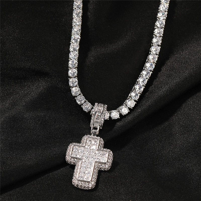 Center Stone Outlined Baguette Cross Pendant - Different Drips