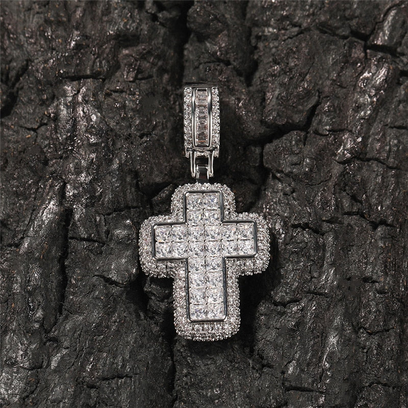 Center Stone Outlined Baguette Cross Pendant - Different Drips