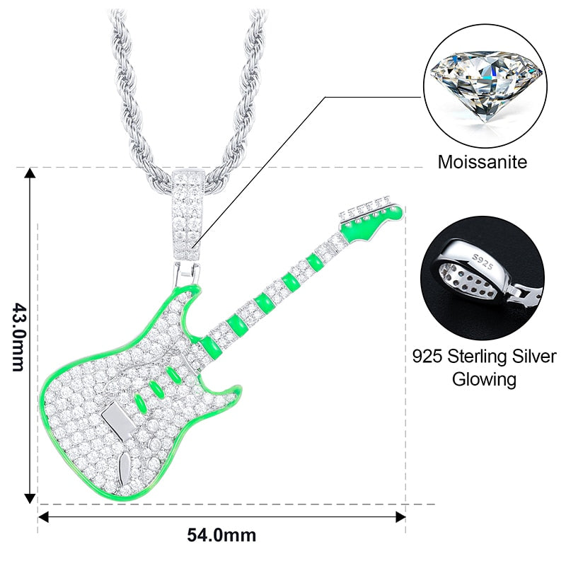 S925 Moissanite Glow In The Dark Guitar Pendant - Different Drips