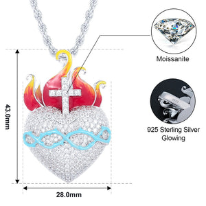 S925 Moissanite Glow In The Dark Flame Heart Cross Pendant - Different Drips