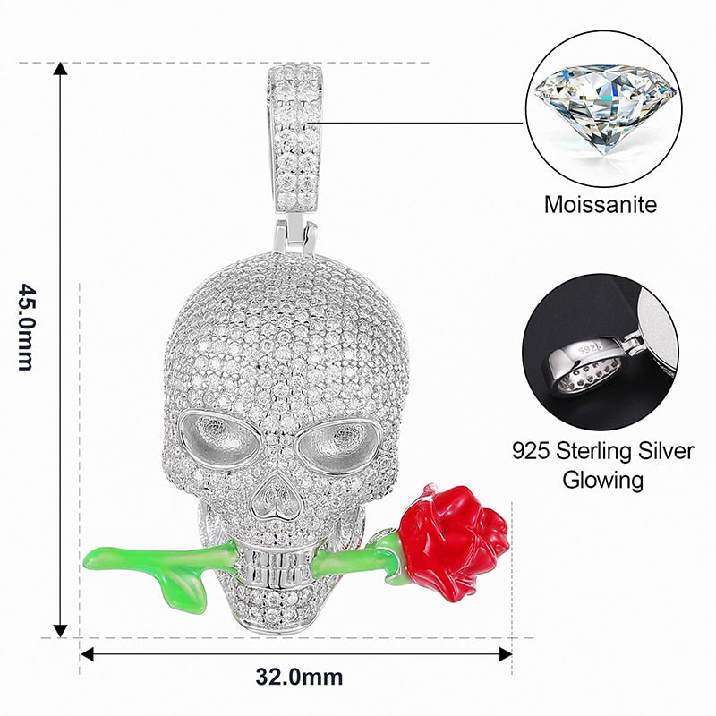S925 Moissanite Glow In The Dark Rose Skull Pendant - Different Drips