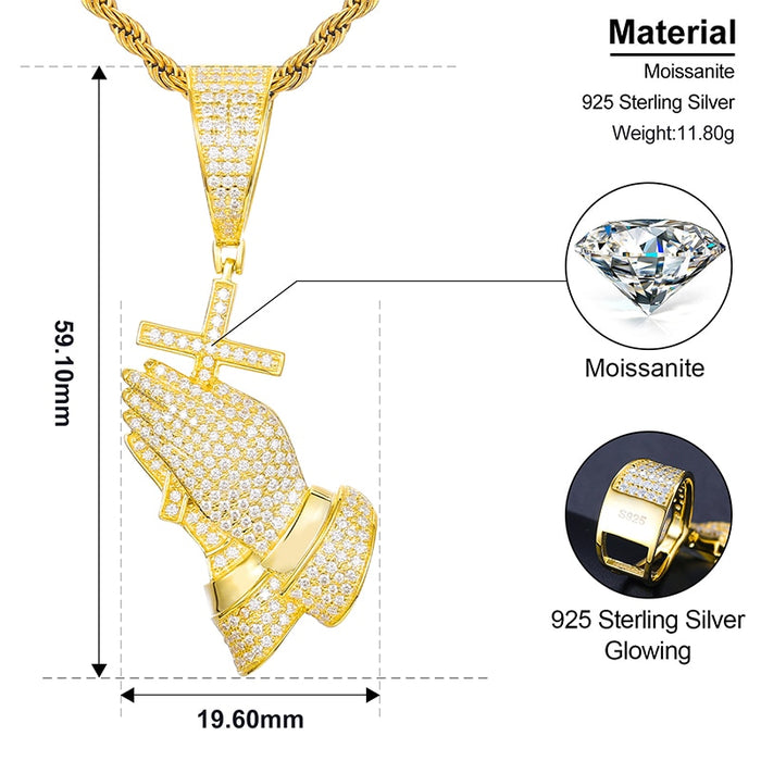 S925 Moissanite Cross Praying Hands Pendant - Different Drips