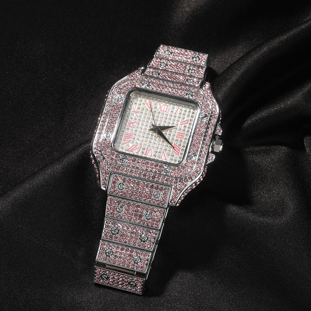 Iced Square Cut Roman Numeral Watch - Different Drips