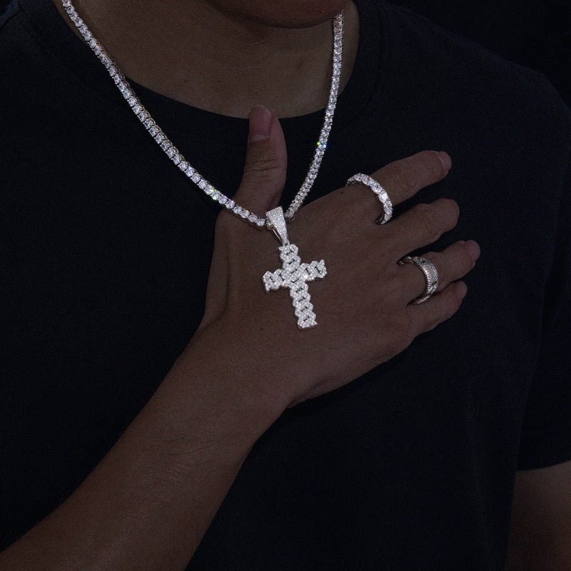 S925 Moissanite Cuban Prong Cross Pendant - Different Drips