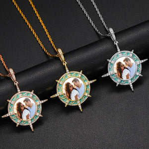 Custom Turquoise Enamel Compass Photo Pendant - Different Drips