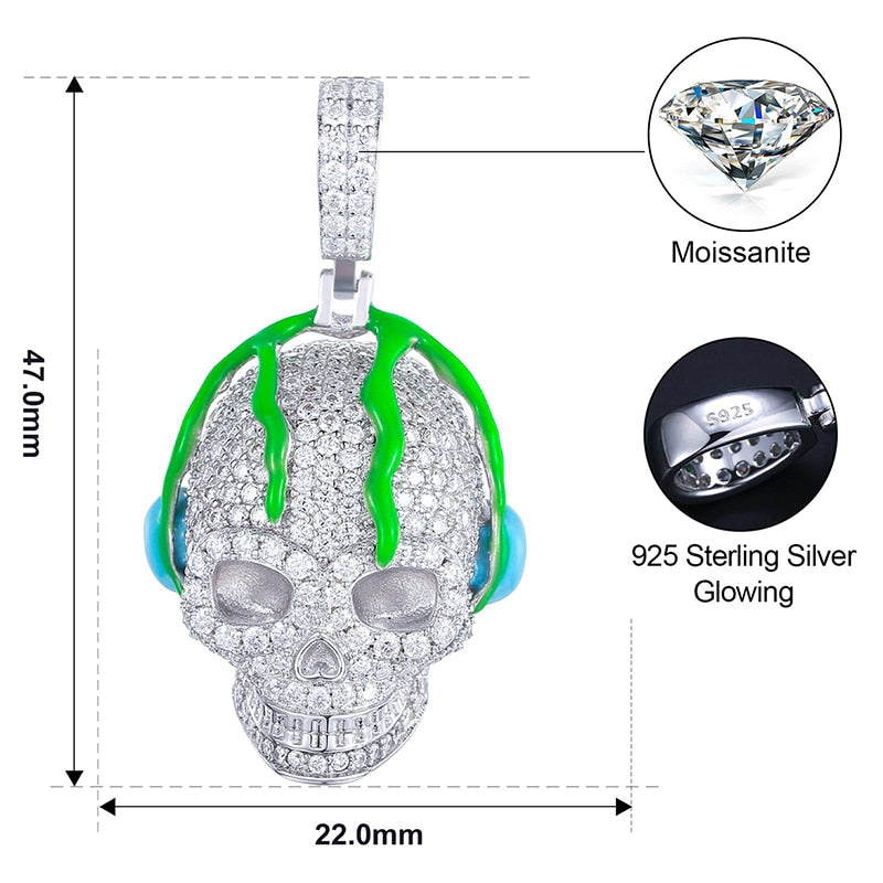S925 Moissanite Glow In The Dark Dripping Skull Pendant - Different Drips