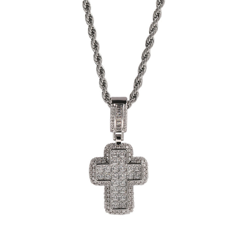 Center Stone Outlined Baguette Cross Pendant - Different Drips