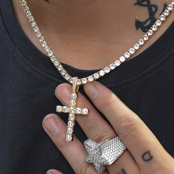 Iced Out Cross Tennis Pendant - Different Drips