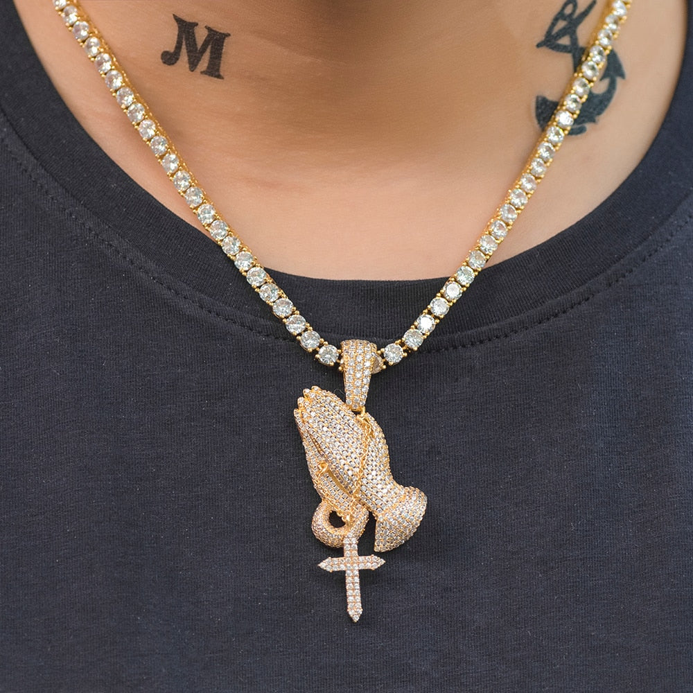 Yellow Gold Iced Prayer Hand Pendant - Different Drips