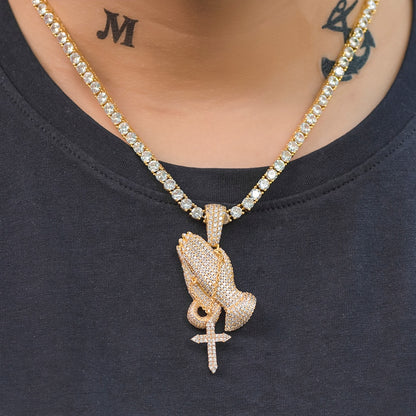 Yellow Gold Iced Prayer Hand Pendant - Different Drips