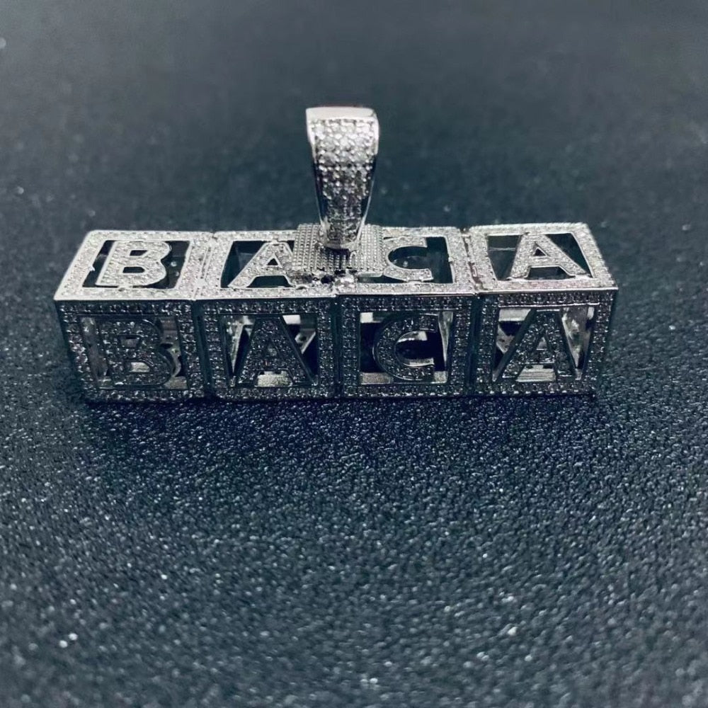 White Gold Square Hollow Block Letters Custom Pendant - Different Drips