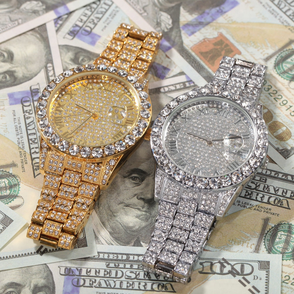 Iced Round Cut Roman Numeral Watch - Different Drips