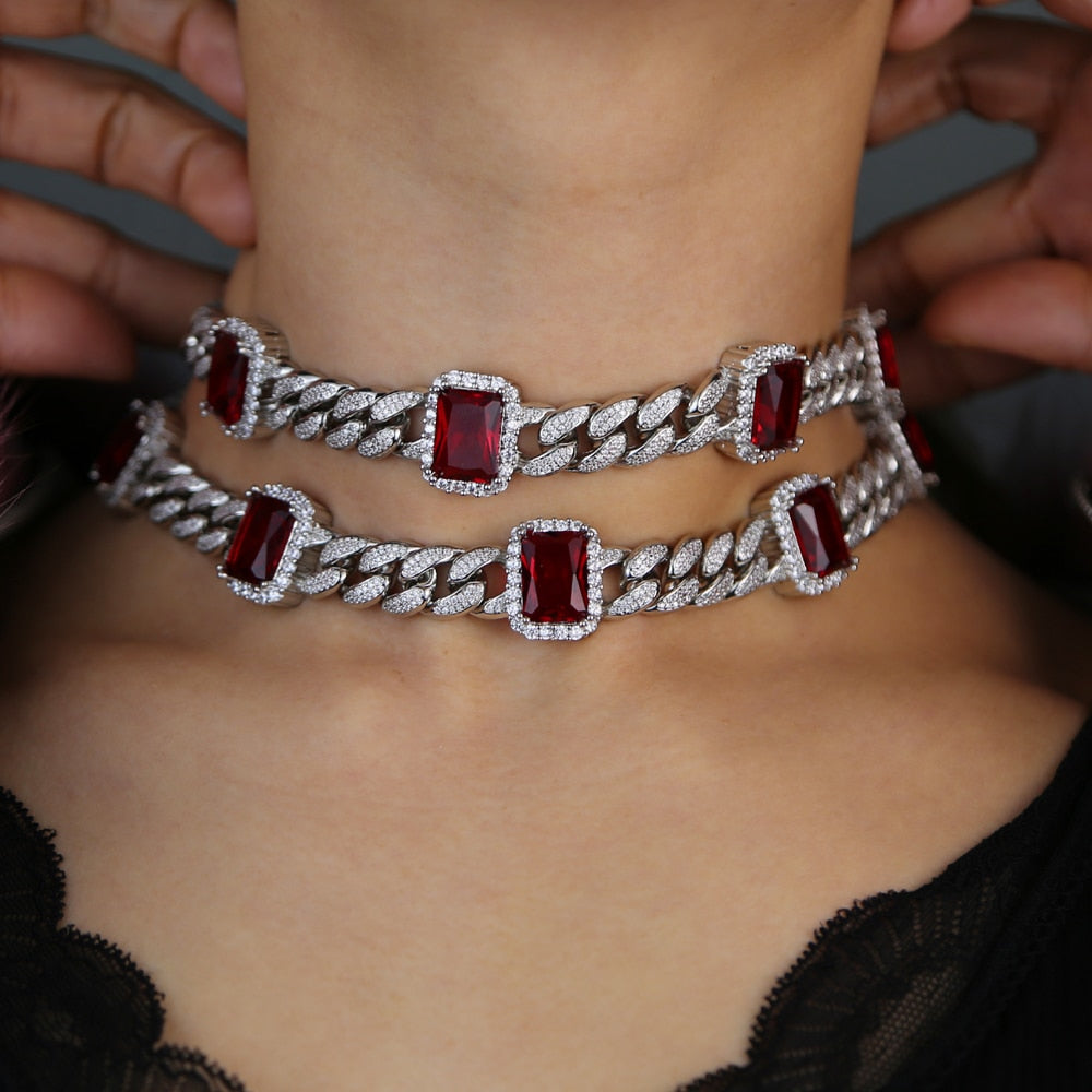 Women 12mm Red Big Block Cuban Choker - Different Drips