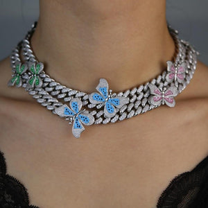 Women Iced White Gold Multi-Colored Butterfly Cuban Link Choker - Different Drips